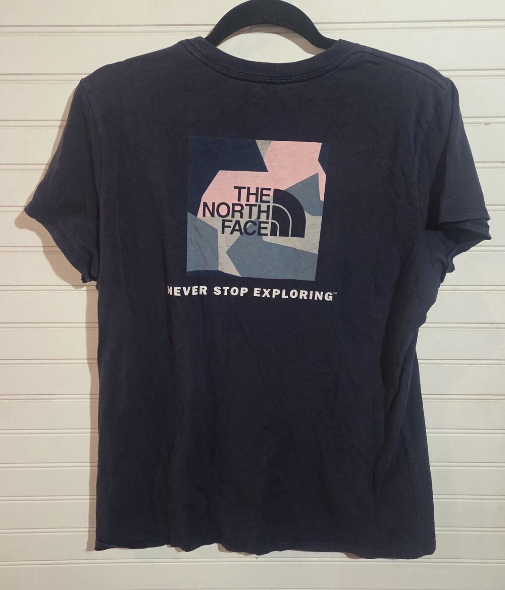 The North Face Women's Navy Blue Pink Logo Graphic Short Sleeve T-Shirt Size L